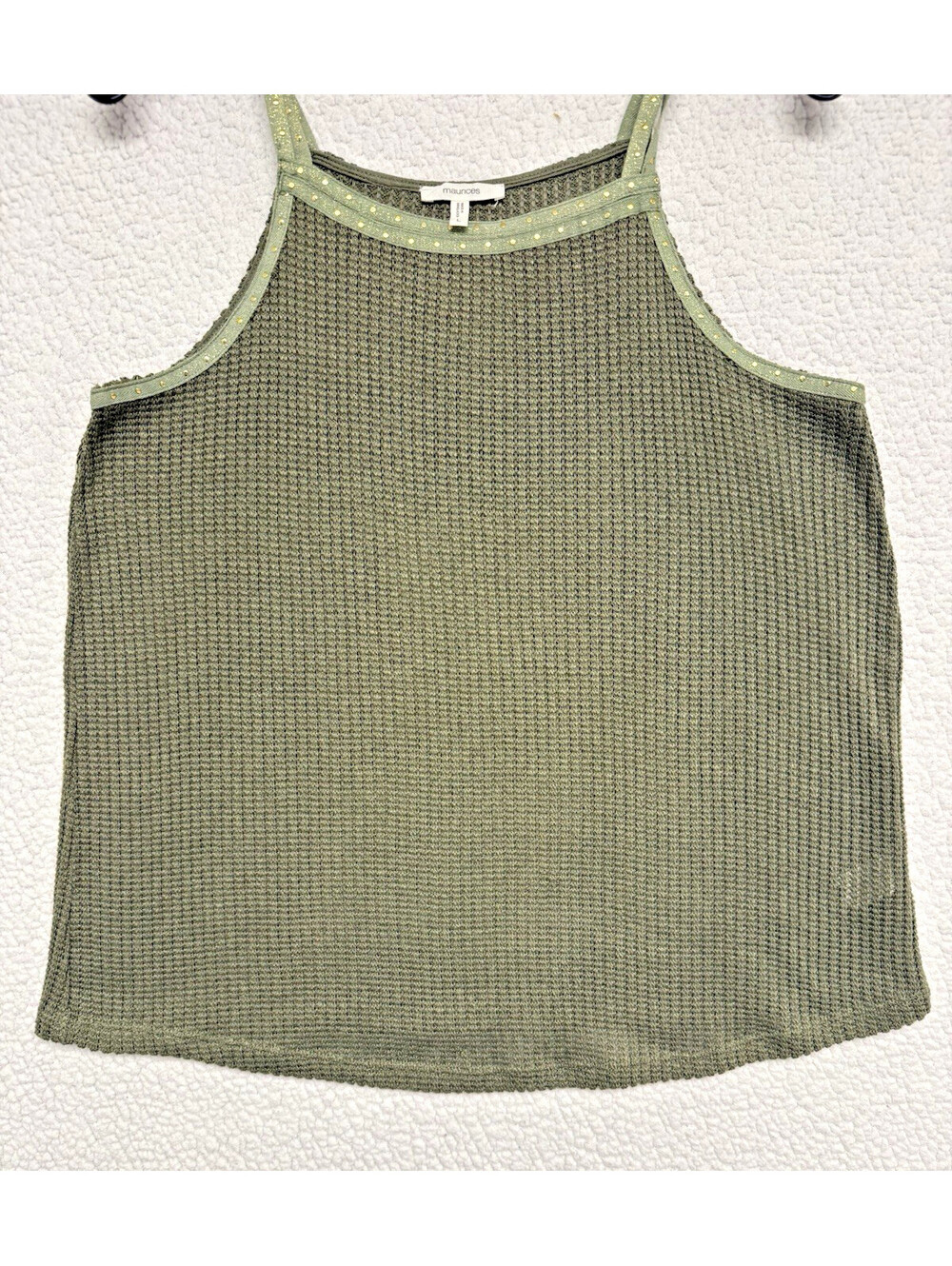 Maurices Womans Spaghetti Tank Top Green Waffle Knit Gold Tone StudAccent Size L